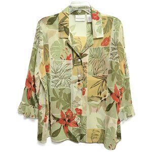 Alfred Dunner Multicolor Sheer Floral 3/4 Sleeve Button Front Blouse.